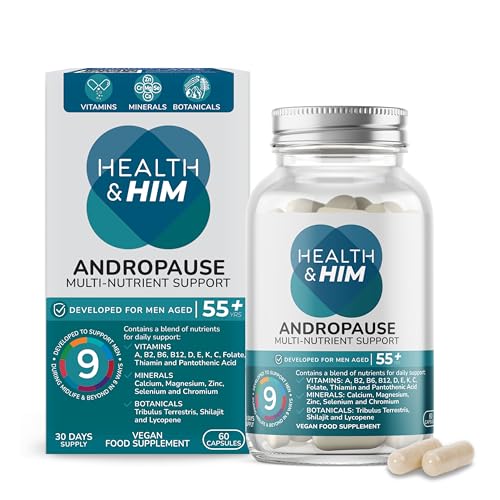 Health & Him Andropause 55+ Supplements for Men - with Shilajit & Tribulus Terrestris - Mens Multivitamin 60 Capsules. Vegan, Gluten-Free Health & Him Andropause 55+ Supplements for Men - with Shilajit & Tribulus Terrestris - Mens Multivitamin 60 Capsules. Vegan, Gluten-Free