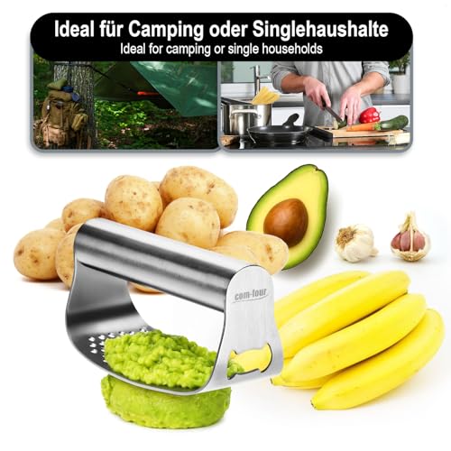 Foto von com-four® Edelstahl Küchenwerkzeug - Presse mit Flaschenöffner - zum Zerkleinern von Ingwer, Avocado, Kartoffeln, Obst und Teig - Brei-, Kräuter- und Saftpresse für Camping & DIY (Edelstahl - Walze)