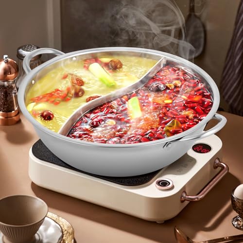 Hot Pot Topf Dualer Hotpot heißer Topf Edelstahl mit Glasdeckel und Unterteilungen, Doppelseitig, Chinesischer Feuertopf 28cm – Bild 4