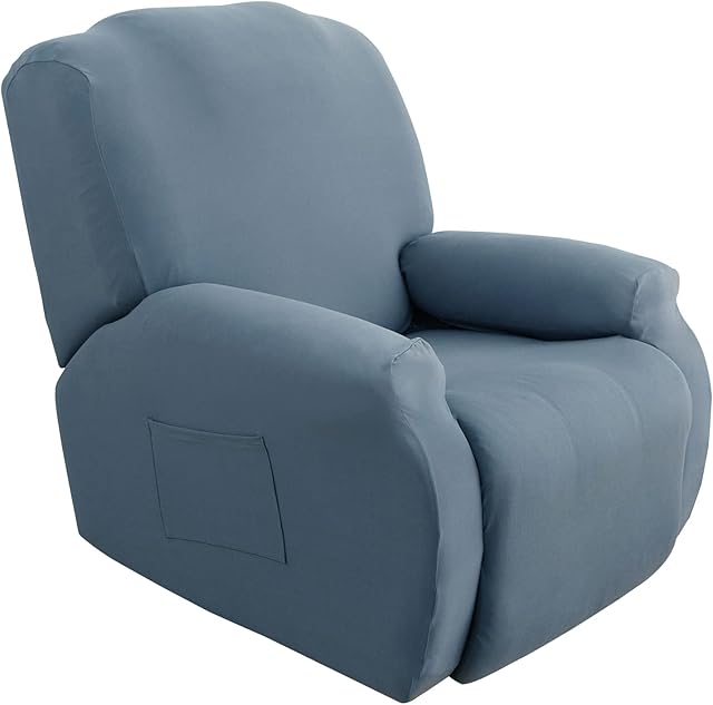 4-Piece Recliner Slipcover Sofa Slipcover Couch Covers Stretch Armchair Cover Non-Slip Furniture Protector Elastic Spandex Soft Recliner Chair Protector with Side Pocket(1 Seater Ash Blue)