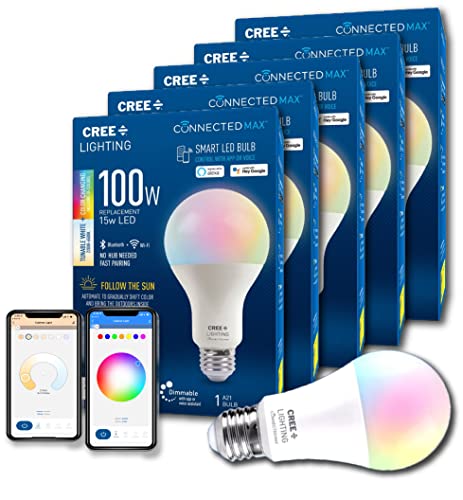 Cree Lighting Connected Max Smart Led Bulb A21 100W Tunable White + Color Changing, 2.4 Ghz, Compatible With Alexa And Google Home, No Hub Required, Bluetooth + Wifi, 5Pk Cree Lighting Connected Max Smart Led Bulb A21 100W Tunable White + Color Changing, 2.4 Ghz, Compatible With Alexa And Google Home, No Hub Required, Bluetooth + Wifi, 5Pk