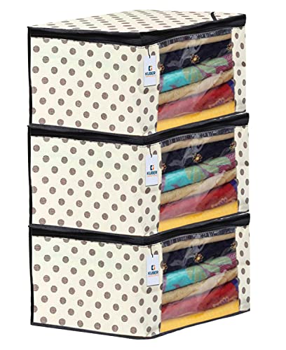 Image of Kuber Industries Non Woven Foldable Saree Covers With Zip|Polka Dots Wardrobe Organizer For Clothes|Transparent Window Keep 8 To 10 Saree|Pack of 3 (Black & Beige), 330x220 mm
