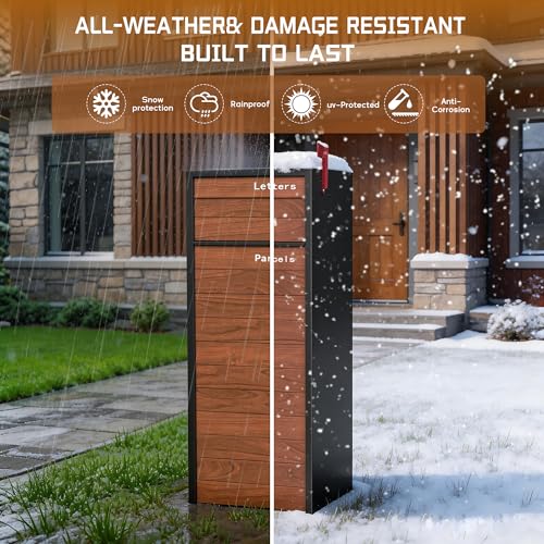 Image of Merapi Large Parcel Drop Box for Outside - Fully Assembled Package Delivery Box with Rear Access - Weather-Resistant Galvanized Steel Locking Mailbox for Porch & Curbside (Oak-Grain Steel)