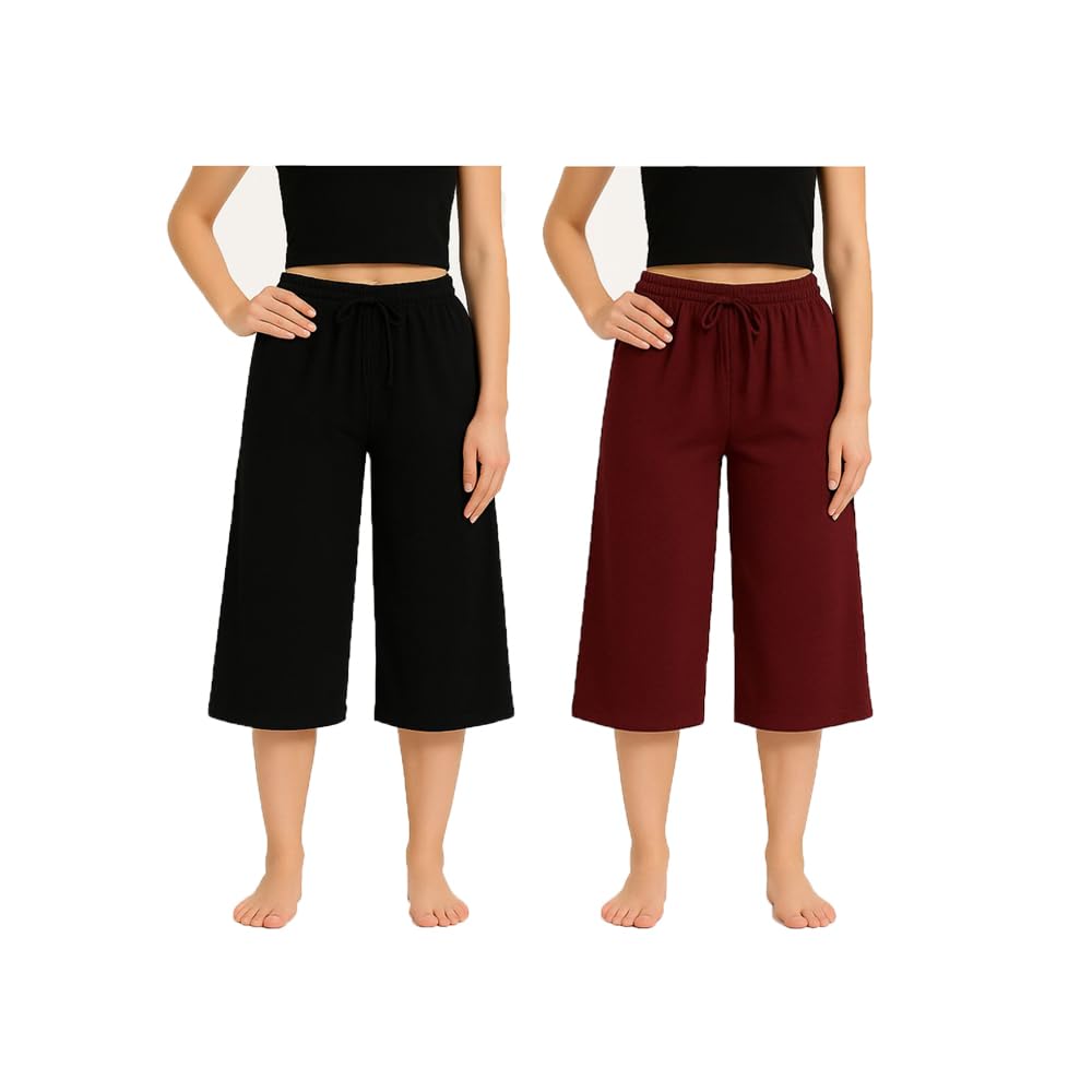 Women's Casual Cotton Plain Loosefit Capri, 3/4th Capri Trousers for Womens 2Pack Black, Marrone-image-49