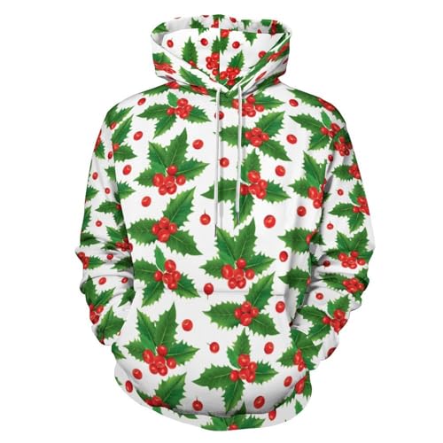 Sudadera con Capucha de Manga Larga con cordón para Hombre y Mujer, diseño de Bayas de Acebo y Bolsillo Tipo Canguro.