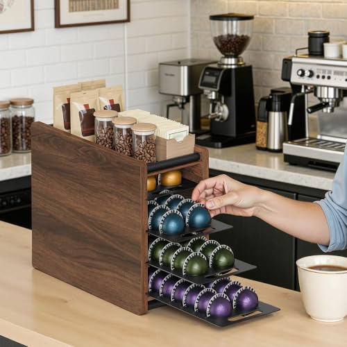 Image of YATINEY Coffee Pod Drawer Holder, 72 Pods Large Capacity, 4 Tier Holder for Vertuo, Coffee Pod Organizer for Countertop, Storage Rack for Nespresso Vertuo Pods, Space Saving, Walnut KH06BH