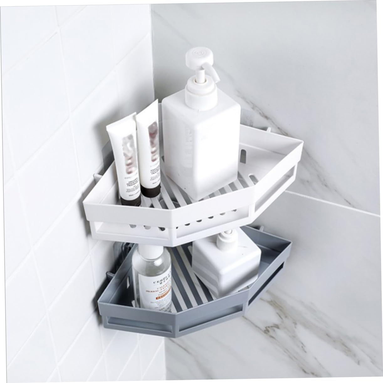 2 estantes adhesivos para esquina de baño, estante triangular montado en la pared para almacenamiento de ducha, organizador de baño de plástico blanco, 7.48 x 7.48 x 5.11 pulgadas 7