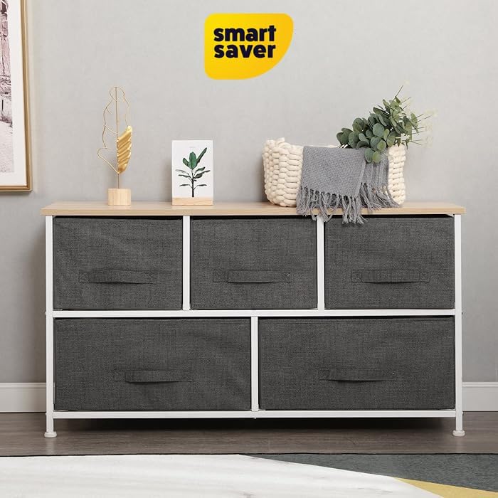Smart Saver 5-Drawer Dresser, Fabric Chest of Drawers with Wood Top & Metal Frame,Closet Drawer Organizer for Wardrobe Storage, Closet Living Room Bedroom Storage Organizer Stand Bookself 3
