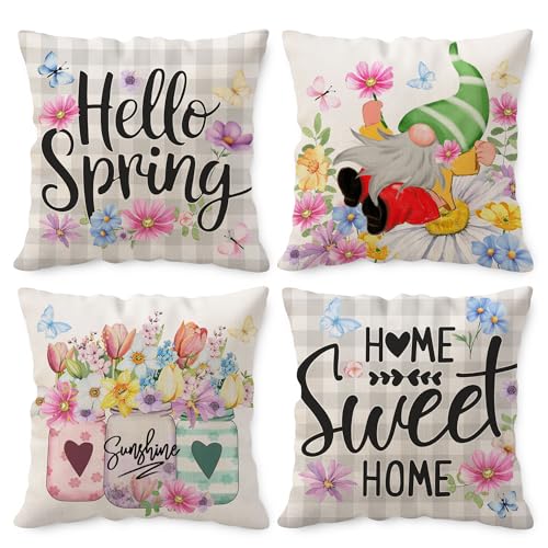 Unibyby Spring Pillow Covers 18x18, Home Sweet Home Outdoor Throw Pillowcase, Farmhouse Floral Home Decor Square Cushion Covers for Sofa Bed Couch Set of 4