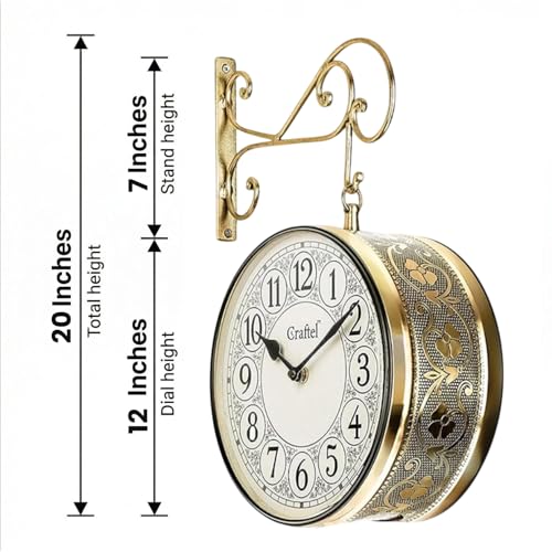 Image of CRAFTEL Double Sided Station Wall Clock Electroplated Shiny Gold | English Roman Numerals | Aluminum Dial | Gift for Home Hall Living Room | Dial 12 Inch - Shiny Gold - 365 Days Warranty |