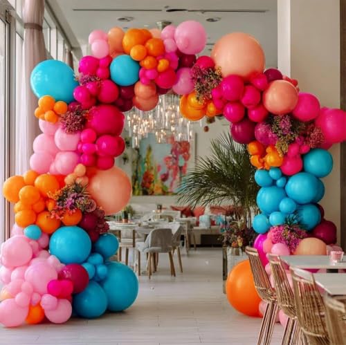 Image of Hot Pink Blue Orange Balloon Garland - Double Stuffed Teal Orange Pastel Pink Peach Latex Metallic Burgundy Balloon Arch Kit for Colorful Baby Shower Tropical Summer Birthday Party Decoration