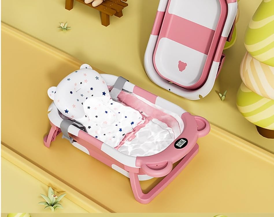 Foldable Bathing Basin for Preventing Pet Dogs and Cats from Running Away (Pink + Bath mat (with Temperature Sensing), Length 67cm x Width 42cm x Height 21cm)