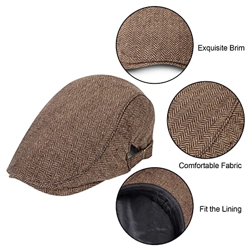 2 Pack Newsboy Hats for Men Classic Herringbone Tweed Wool Blend Flat Cap Ivy Gatsby Cabbie Driving Hat Black/Coffee