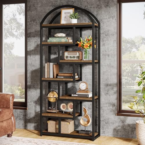 Tribesigns Bookshelf, Industrial 7-Tier Etagere Arch Bookcase, 180 cm Tall Bookshelf with Open Display Shelf, Floor Stand Storage Shelving Unit for Living Room Home Office, Rustic Brown & Black