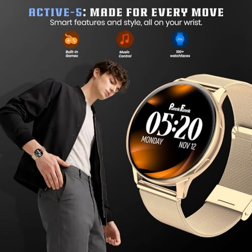 Image of PunnkFunnk Active 5 Smart Watch with 1.3 inch AMOLED HD Display | Bluetooth Calling, AI Voice Assistant, 100+ Sports Modes, Heart Rate & SPO₂ Tracking, IP68 Waterproof for Men & Women- (Millanese Gold)