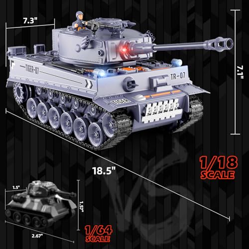 DBshoot 1/18 Remote Control Tank, German Tiger - Gray RC Tank Thats Shoots BBS, 60 Minute Playing Time, Smoke, Sound, LED Lights, Excellent Gift for Kids and Adults