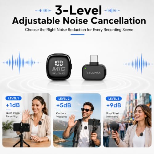 Image of VELOMAX Mic for YouTube Wireless, 3-Level Adjustable Noise Reduction Mics Wireless with Magnetic Clip, Type-C with 2 Mics & Charging Case, 164FT Range, 64H Battery for Creators and Vloggers