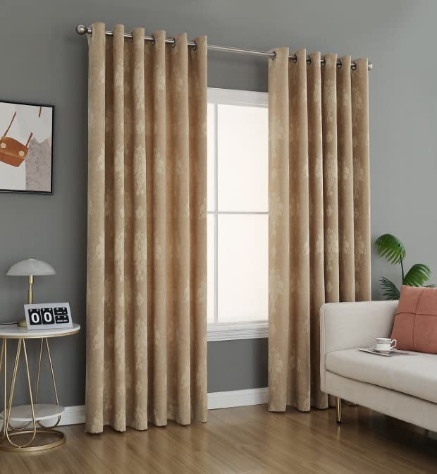 PRIME LINENS Curtain for Living Room Ring Top Jacquard Fully Lined Modern Panels Eyelet Curtain for Bedroom Window with 2 Free Tie Backs (Gold