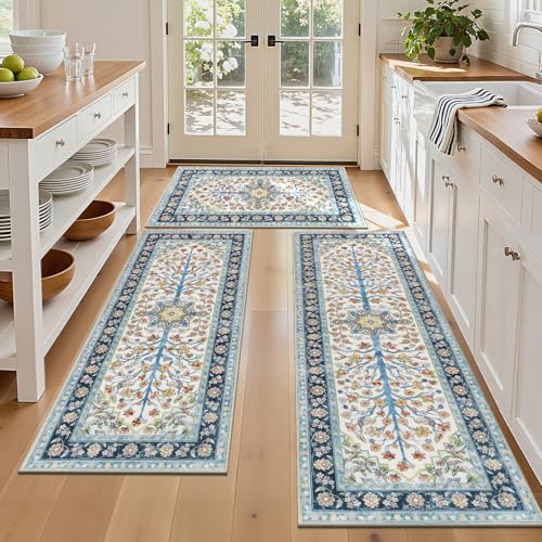 HEBE Boho Kitchen Rugs Sets of 3 Non Slip Washable Farmhouse Kitchen Rugs and Mats for Floor Kitchen Runner Rug Floor Carpet for Kitchen, Laundry, Hallways