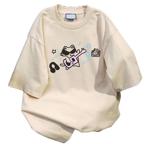 Y2K Cute Cat Graphic Tees for Women Kawaii Harajuku Oversized T-Shirt Casual Baggy Cotton Streetwear Tops (Beige,Medium)