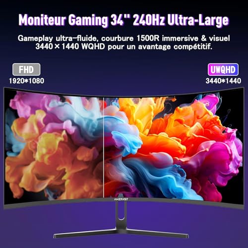 Amzfast Ecran Pc Gamer Incurvé 34 Pouces, 240Hz, UWQHD 3440x1440 (21:9), 1 ms MPRT, Eyes Care, sRGB 130%, Adaptive Sync, HDR, HDMI 2.1 * 2, DP 1.4 * 2, VESA 75x75, PIP/PBP, AMZG34C5QPro