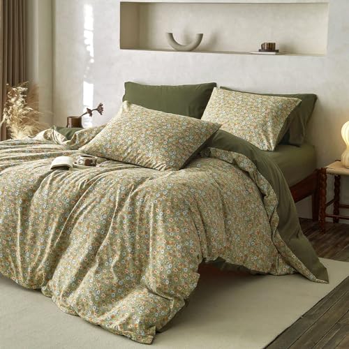 Image of Wake In Cloud - Floral Comforter Set, Cute Vintage Flower Cottagecore Aesthetic for Women Teen Girls, Soft Lightweight Dorm Bedding, 3 Pieces, Olive Green, Queen Size
