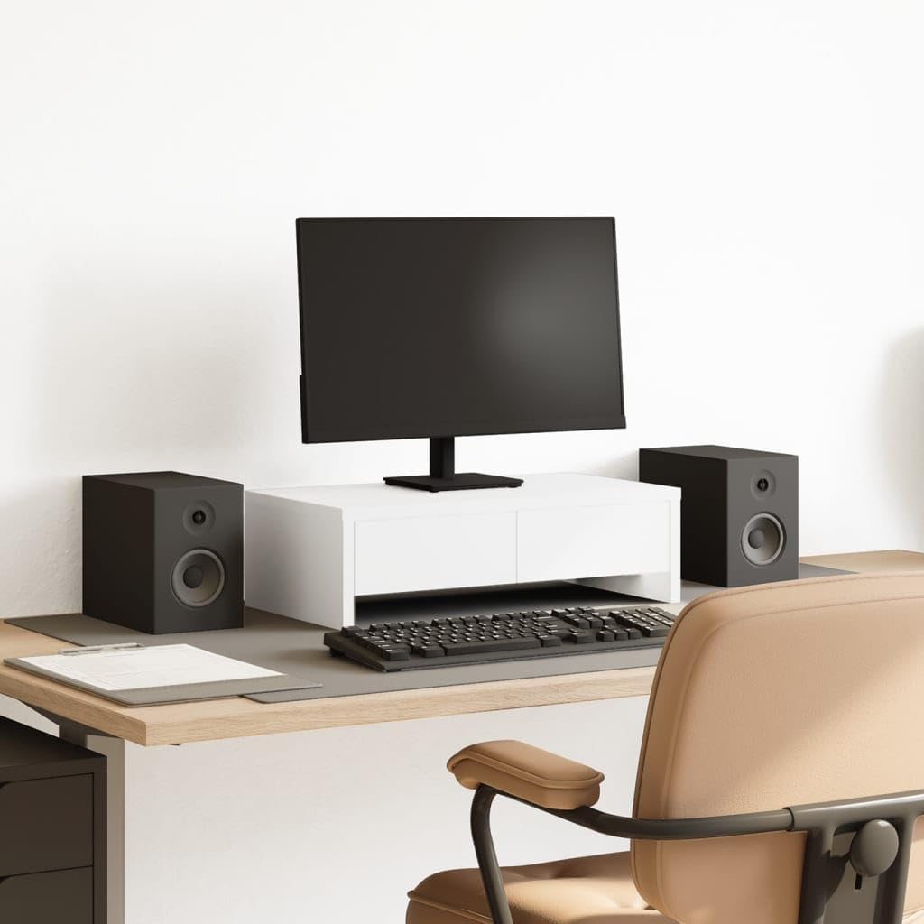 Monitor Stand with 2 Drawers, White Desk Organizer Riser for Computer, Laptop, Printer, Ergonomic Desktop Shelf for Workspace Storage, 19.7x10.6x5.9 Inches