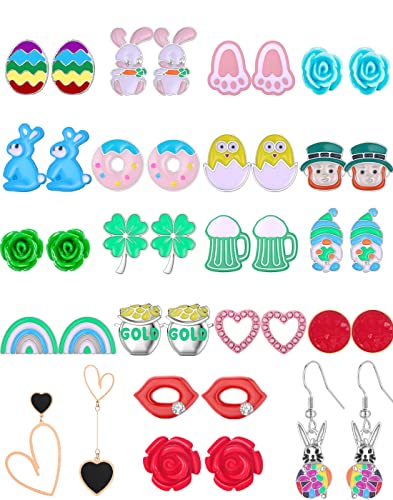 Jannisa 20 Pairs Mothers Day St Patrick'S Day Easter Hypoallergenic Drop Stud Earrings Bulk For Girls Women Clover Shamrock Green Hat Easter Eggs Bunny Earrings Dangle Stud Earrings Set For Teen Girls Women Valentine’S Day Gifts cover