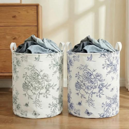 Image of 2Pcs Blue Floral Laundry Basket Cute Girls Nursery Hamper Kids Baby Flowers Room Decor Foldable Oxford Cloth Funny Tote Clothes Storage Bucket Organizer For Bedroom (Floral)