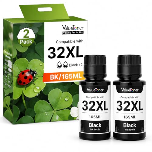 Image of 32XL Ink Bottle Black for HP 32XL Black Ink Bottle Works with HP Smart Tank 7602 5101 6001 7001 5000 7301 7302 7601 6002 5103 5102 Plus 651 551 755 757 455 457 450, 1VV24AN(2-Pack, 165ML)