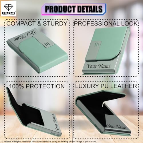 Image of Felstar Customised /Personlised Name Engraved Pu Leather & Metal Unisex RFID Blocking Business Visiting Wallet Card Holder for Men & Women /Gift Your Loved Once on Any Occasion (Green)