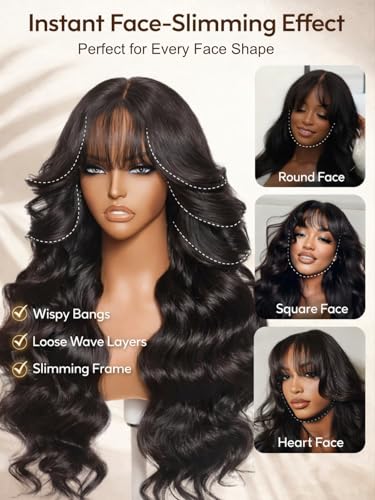 Image of UNICE Body Wave Human Hair Wig with Wispy Bangs, Glueless 7x5 Lace Front Wig Pre Cut Pre Plucked Bleached Knots, Beginner Friendly Ready to Wear Drawstring Wig, Natural Black 180% Density 16 inch