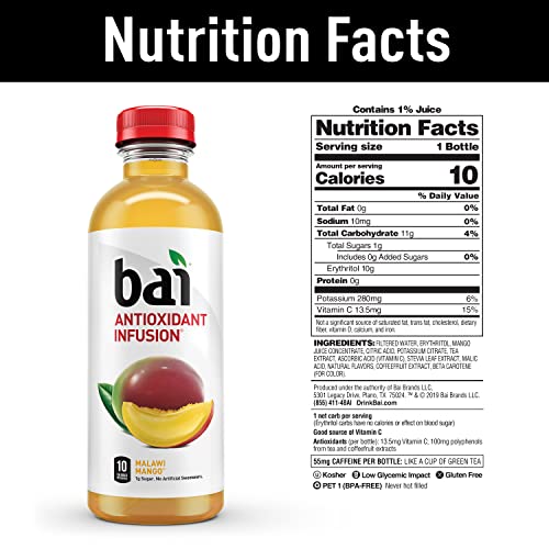 Bai Flavored Water, Safari Variety Pack, Antioxidant Infused Drinks, 3 Each of Brasilia Blueberry, Costa Rica Clementine, Malawi Mango, Zambia Bing Cherry,18 Fl Oz Bottles (Pack of 12)(Package may vary)