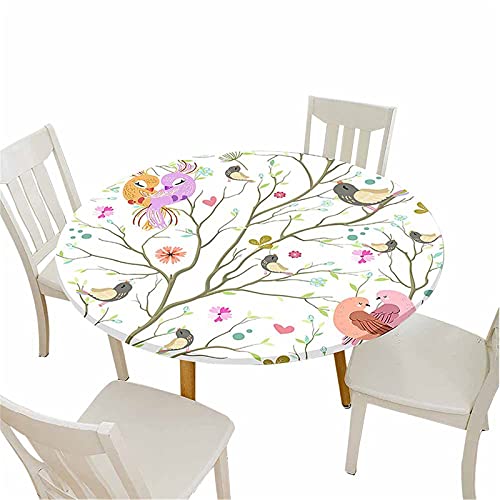 Morbuy Tischdecke Elastisch Rund, 3D Blume Vogel Drucken Gartentischdecke Tischdecken Wasserdicht Abwaschbar Abwischbar Tischtuch für Küche Garten Outdoor (Durchmesser 130cm,Karikatur Vogel)