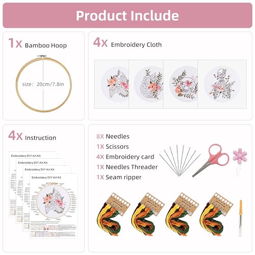 Image of KEKEMEOW 4 Pack Skeleton Flower Embroidery Starters Kit for Beginners Embroidery Starting Sets for Adults with Stamped Patterns Colorful Threads Step by Step Instructions Hoop Needles Tools