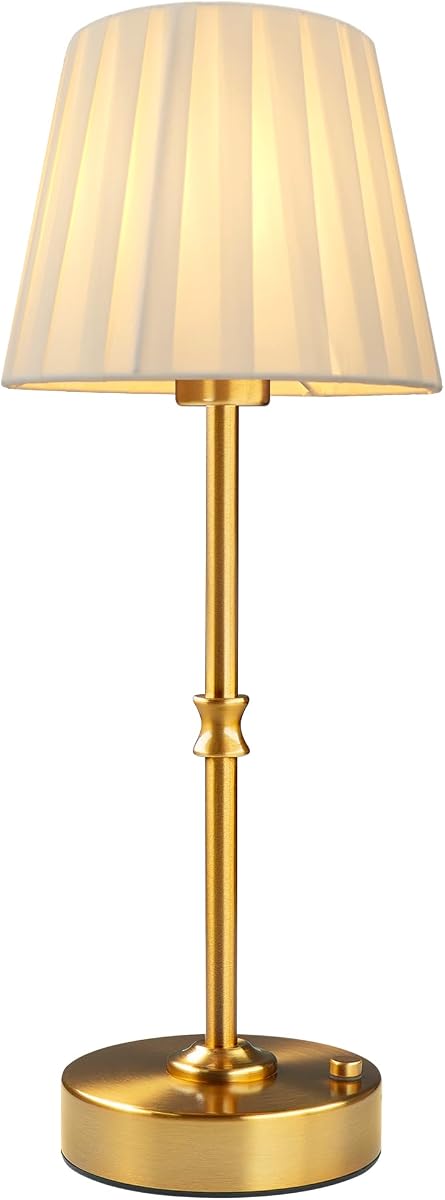 Cordless Table Lamp Rechargeable: Fast Charging & Long Lasting - 2700K Warm Light Small Vintage Gold Lamps -Bedside Dinning Living Room Bedroom - Pleated Shade