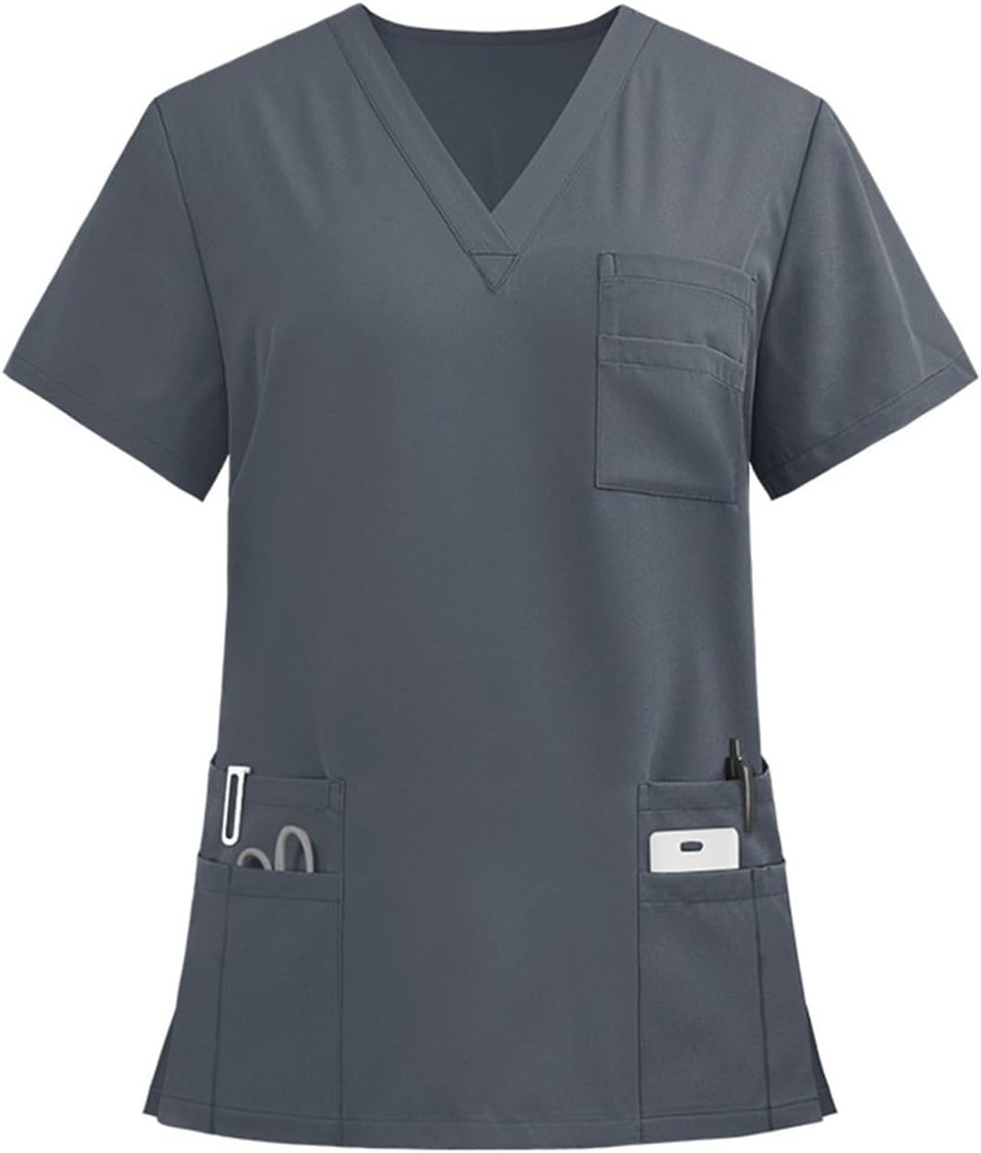 Women's Scrub Top Solid Color Minimalist Short Sleeve V Neck Workwear,Lightweight Cozyfit Scrubs,Nursing Tops Side Panels for Slim Fit with Pockets