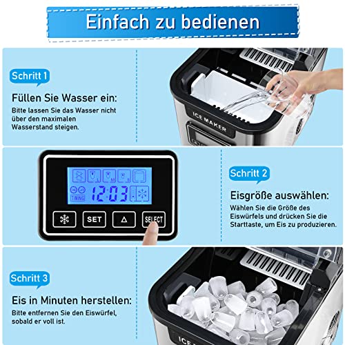 Cecaylie Eiswürfelbereiter 150W Eiswürfelmaschine Edelstahl Ice Maker 12kg 24h 3 Würfelgrößen 2.2 Liter Wassertank mit… – Bild 5