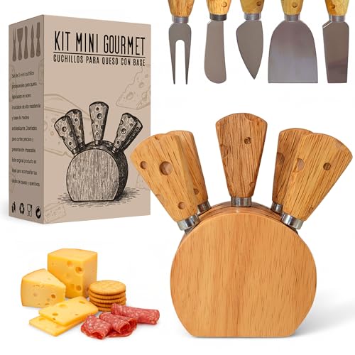 Fumagik Juego de cuchillos de cocina para queso de acero inoxidable – Mini set gourmet de 5 cuchillos con base de madera – Ideal para tabla de quesos y aperitivos – Regalos originales