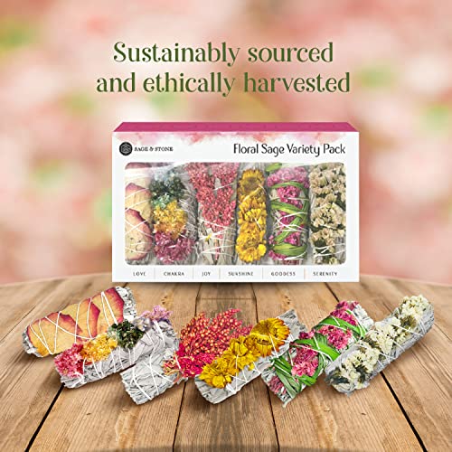 Mecka White Sage Smudge Sticks Floral Variety Pack (6 Pack) | Sage,Flower Bundles With Rose,Sunflower For Stress Relief,Open Chakras,Serenity | Burn For Cleansing,Smudging,Removal Of Negative Energy #TOP3