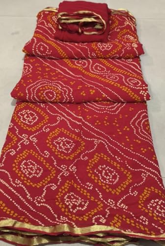 Image of Women's Jaipuri Viscose Georgette Saree, Zari Checks Pattern, Handmade Laddu Bandej Design, Contrast Blouse