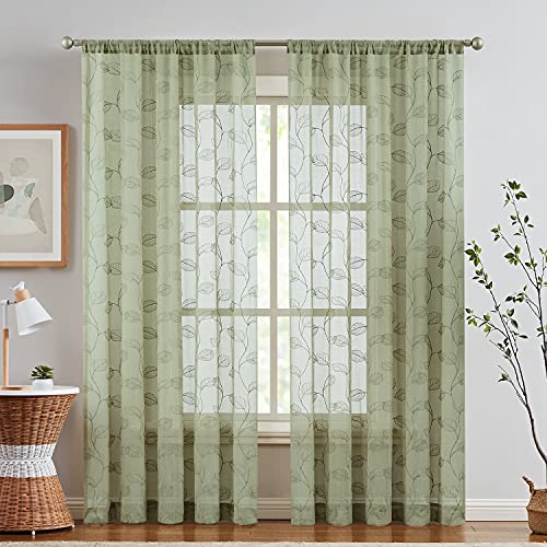 Vangao Green Leaf Sheer Curtains 84 Inches Long 2 Panels for Living Room Bedroom Floral Embroidered Rod Pocket Window Drapes