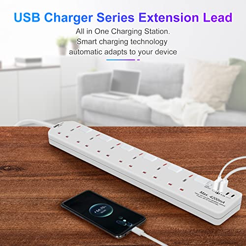 SE UKASE Extension Lead with USB Slots(5V/5A), 6 Way Plug Sockets with Individual Switches USB and Type C - Image 3