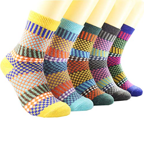 Pack of 5 Womens Wool Socks Cold Weather Vintage Soft Warm Socks Thick Knit Cozy Winter Socks for Women (A-06)