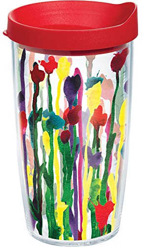 Tervis Skinny Flowers Tumbler with Wrap and Red Lid 16oz, Clear