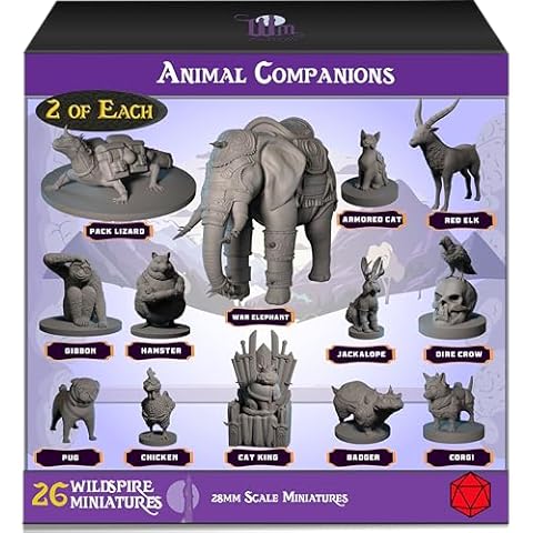 Wildspire 26 Animal Minis for DND Miniatures 28mm Unpainted Dungeons and Dragons Miniatures I for D&D Miniatures & DND Minis Fantasy RPG | for DND Figures & Tabletop Miniatures | Campaign Setting Cover