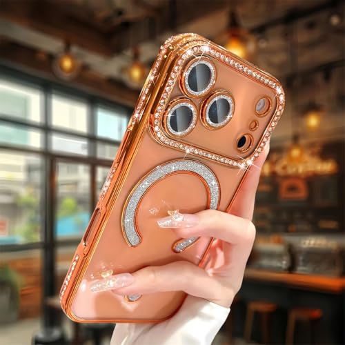Image of for iPhone 17 Pro Max Magnetic Glitter Case,Luxury Bling Rhinestone Diamond Plated Bumper Case Sparkle Camera Lens Protection Clear Cover for iPhone 17 Pro Max (Orange)