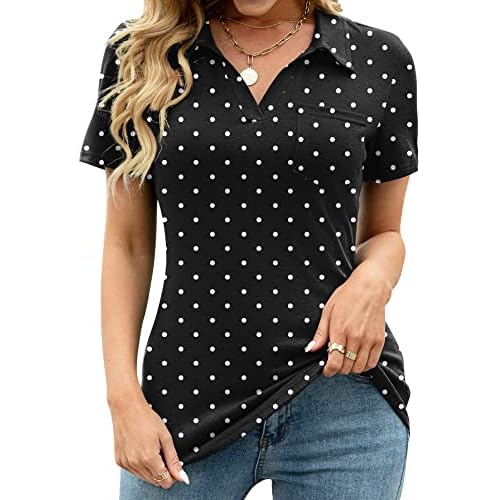 AKEWEI Womens V Neck Polo Shirts Short Sleeve Collared Tops Loose Casual Tunic Blouses with Pocket
