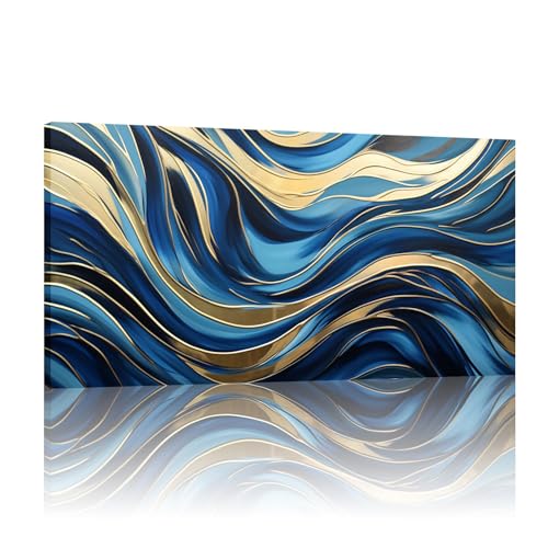 Peinture abstraite bleu marine or 80x160cm grand format avec cadre intérieur pour salon moderne