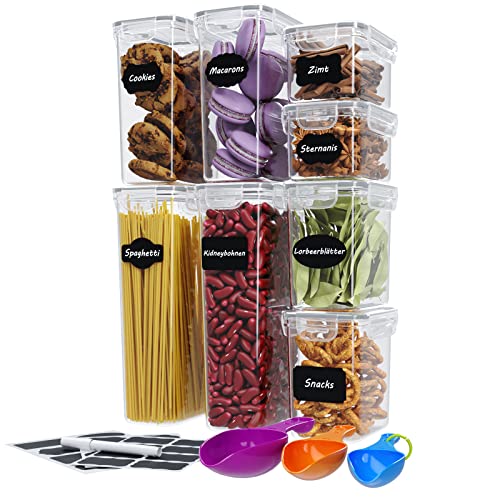 WELLGRO Vorratsdosen Set mit Etiketten, Kreidestift und Messlöffeln Frischhaltedosen mit Deckel BPA-frei luftdicht auslaufsicher spülmaschinengeeignet, Stückzahl:8-tlg.
